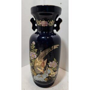 Vintage Japanese Blue Cobalt Gold Pink Floral Pheasant Vase 12" Tall